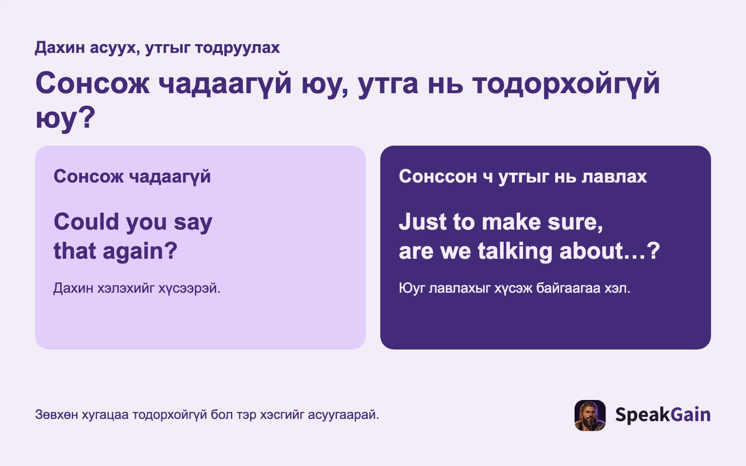 Сонсож чадаагүй бол дахин хүс; утга эргэлзээтэй бол ойлголтоо хэл.
