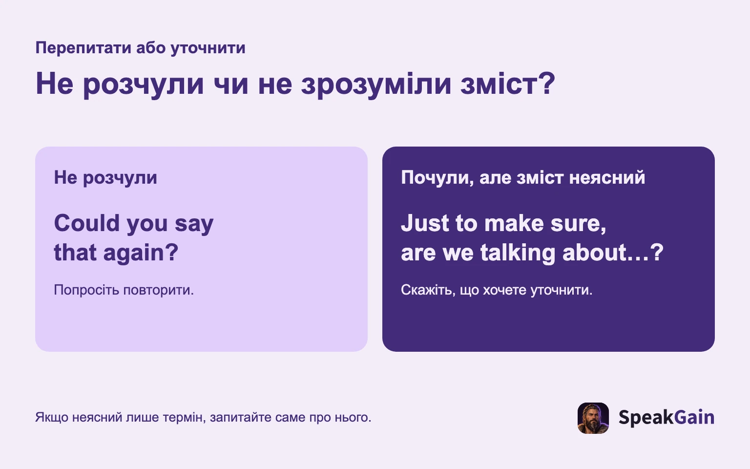 Якщо не розчули, попросіть повторити; якщо зміст неясний, поверніть своє розуміння.