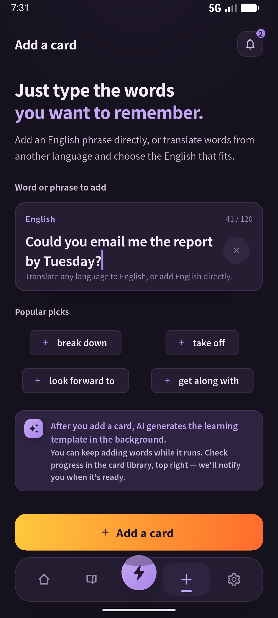 Enter the sentence you actually plan to use, including the object and deadline. Screen: SpeakGain.