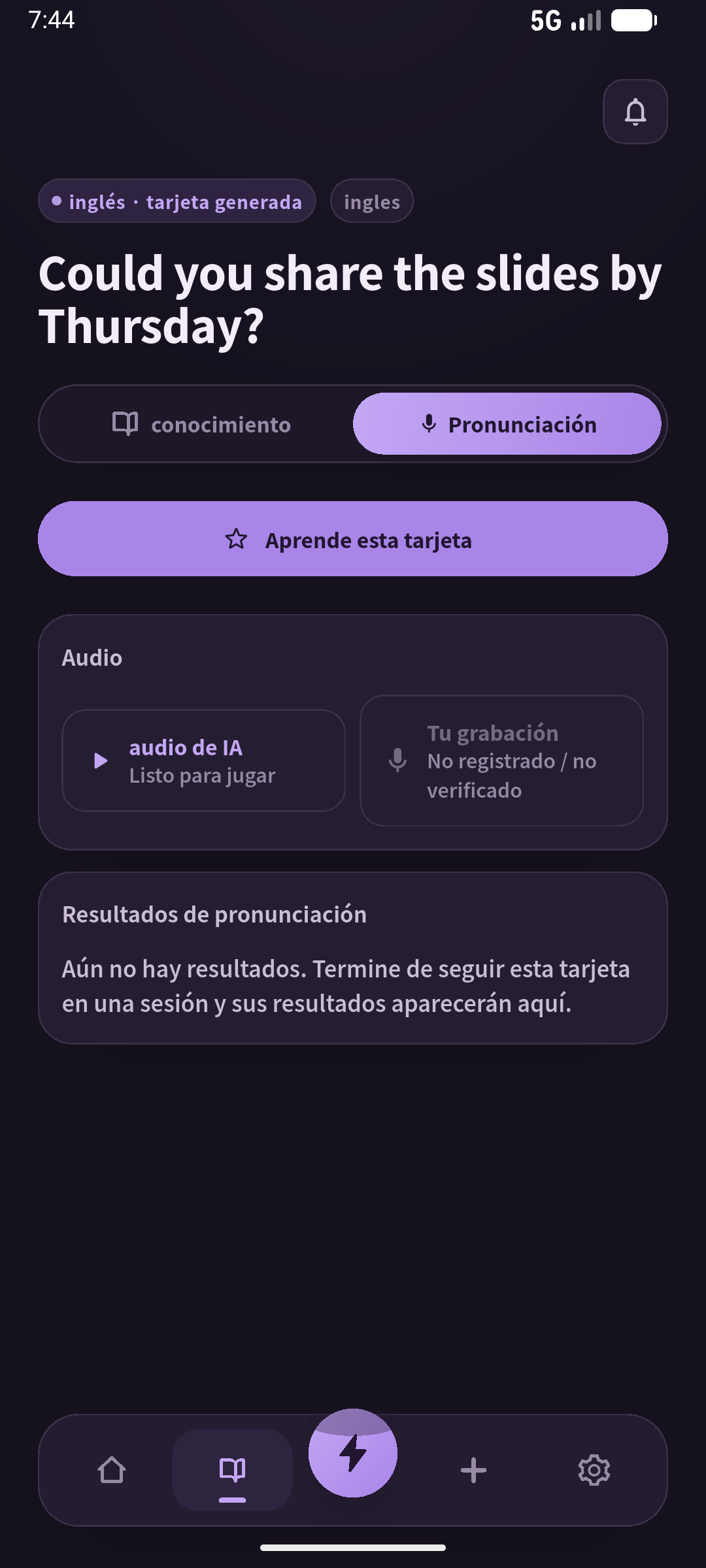 Escucha, pausa y repite; cierra la pantalla y prueba la situación aparte. Pantalla: SpeakGain.