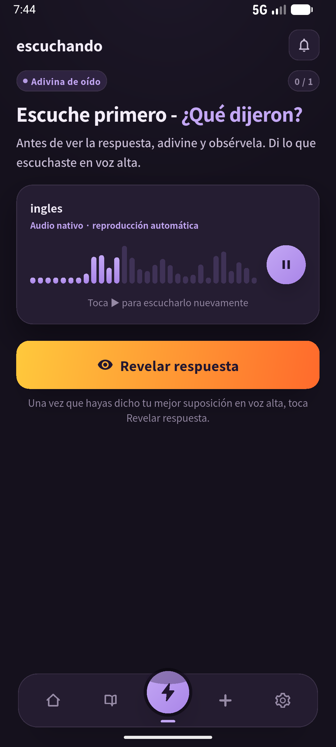 Escucha con respuesta oculta; comprueba el recuerdo antes de entrar. Pantalla: SpeakGain.