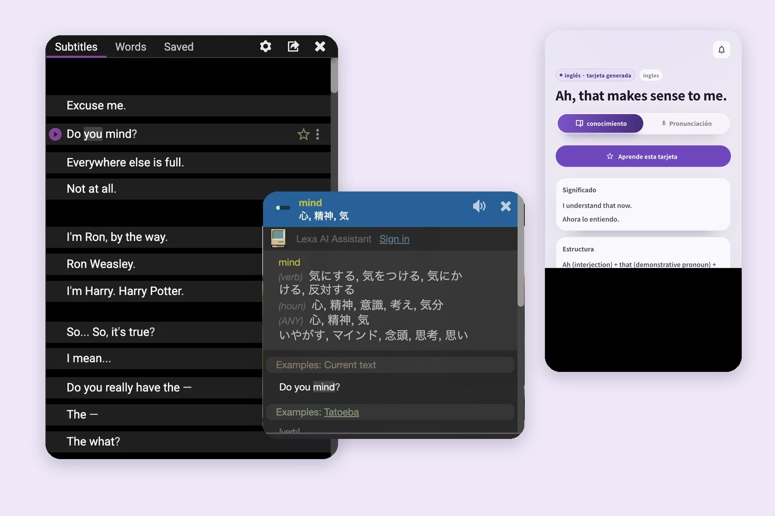 Lista de subtítulos y diccionario de Language Reactor junto a una tarjeta de SpeakGain con That makes sense.