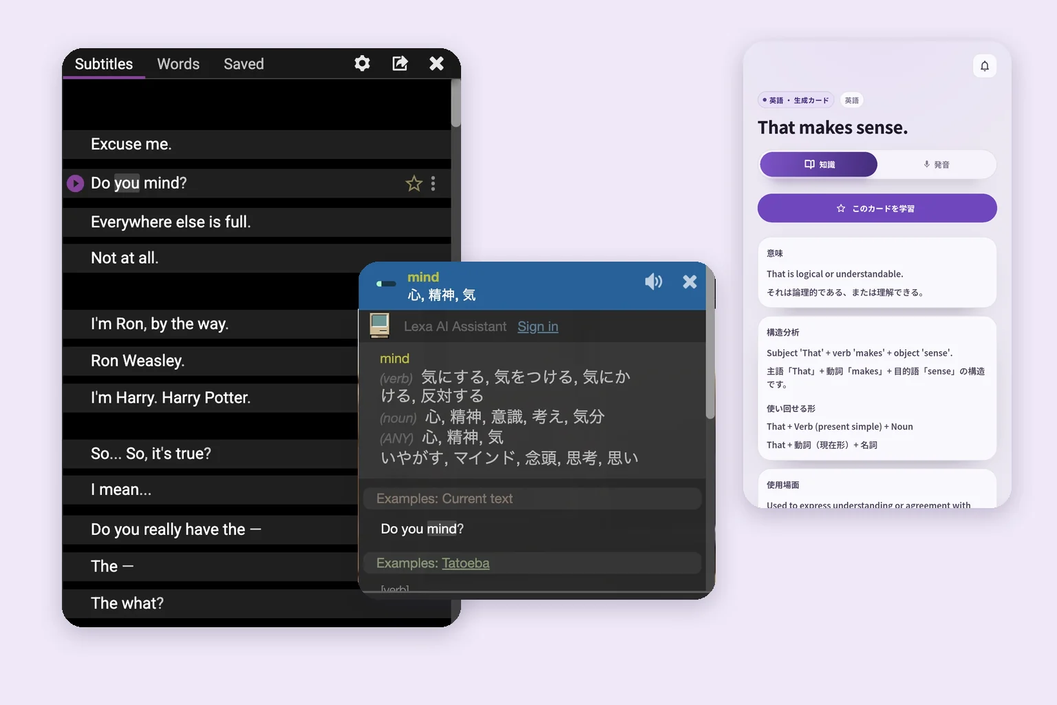 Language ReactorのDo you mind?を含む字幕リストとmindの辞書、SpeakGainのThat makes sense.のカード