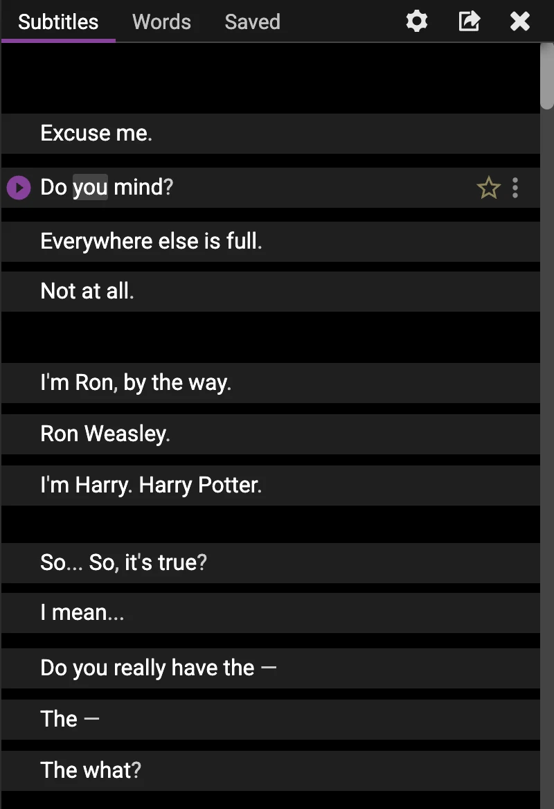 LRのSubtitlesパネルでDo you mind?が現在行になり、左に再生アイコン、右に星印、前後にExcuse me.やEverywhere else is full.などが並んでいる