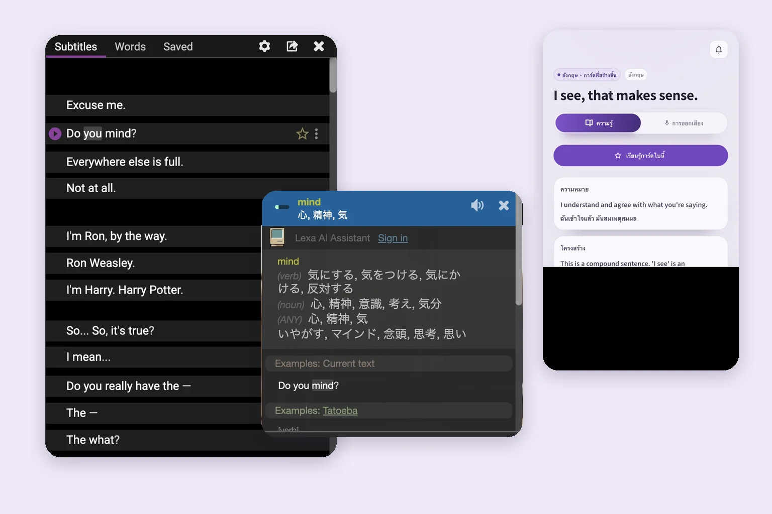 รายการคำบรรยายและพจนานุกรมของ Language Reactor คู่กับการ์ด That makes sense. ใน SpeakGain