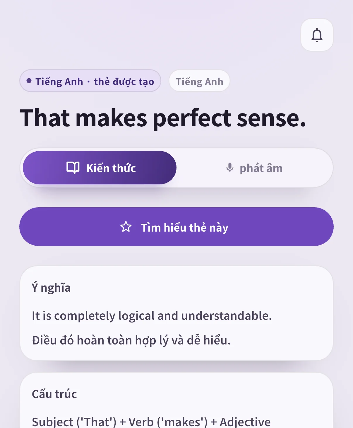 Thẻ That makes perfect sense. trong SpeakGain với nghĩa và giải thích cấu trúc bằng tiếng Việt.