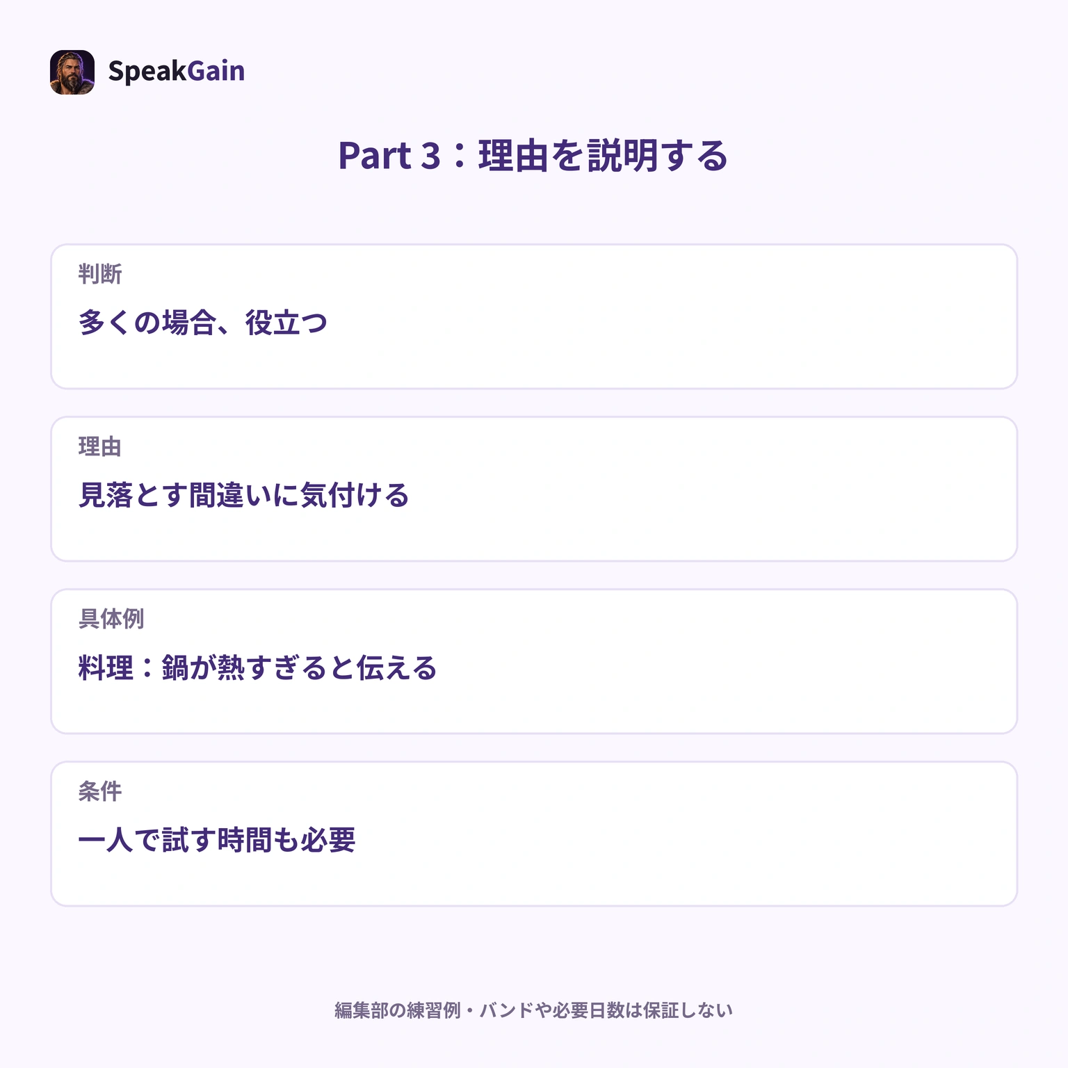 Part 3で、一緒に学ぶ相手の助けを判断し、見落とす間違いの理由、料理の例、一人で練習する条件へつなげる図解