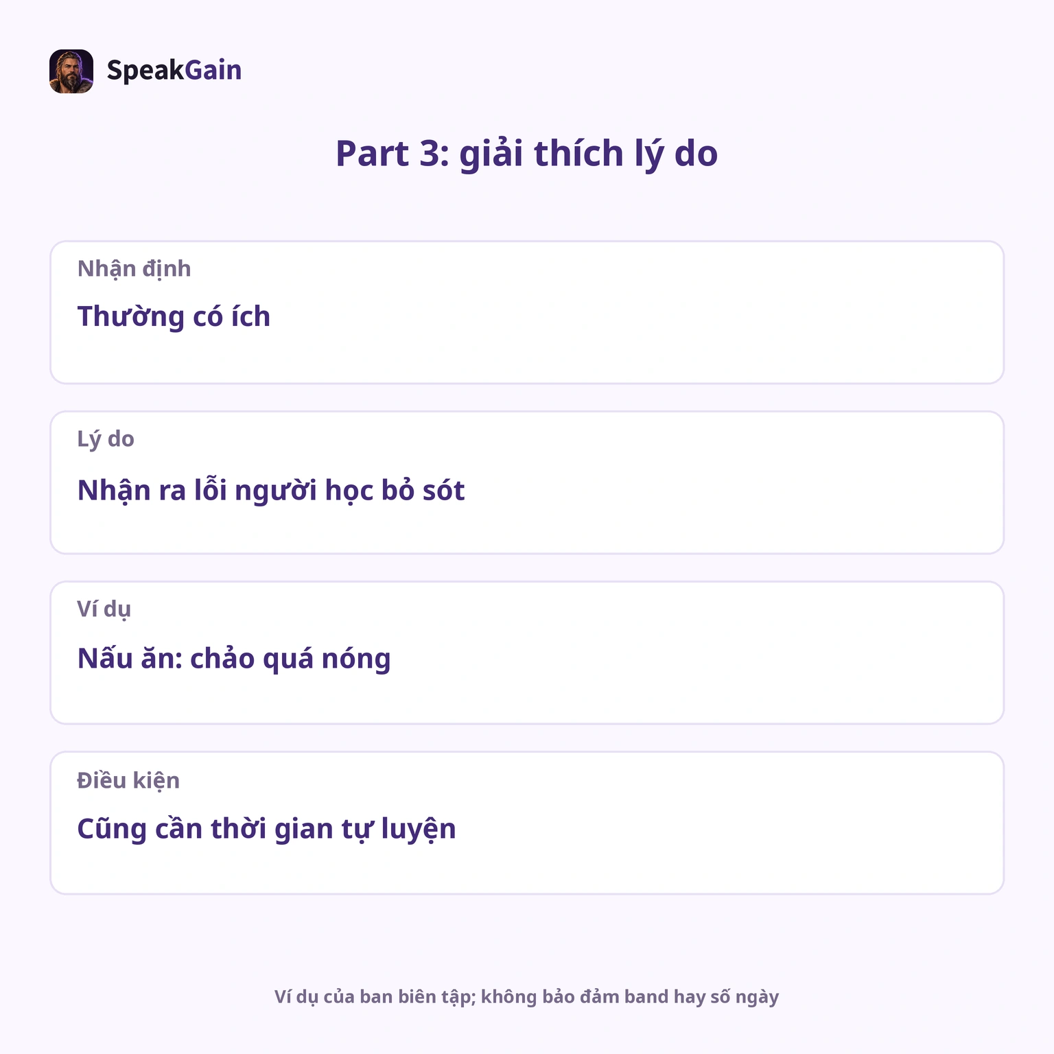 Ví dụ cần giải thích lý do. Số bước và việc dùng However không phải điều kiện điểm chính thức.