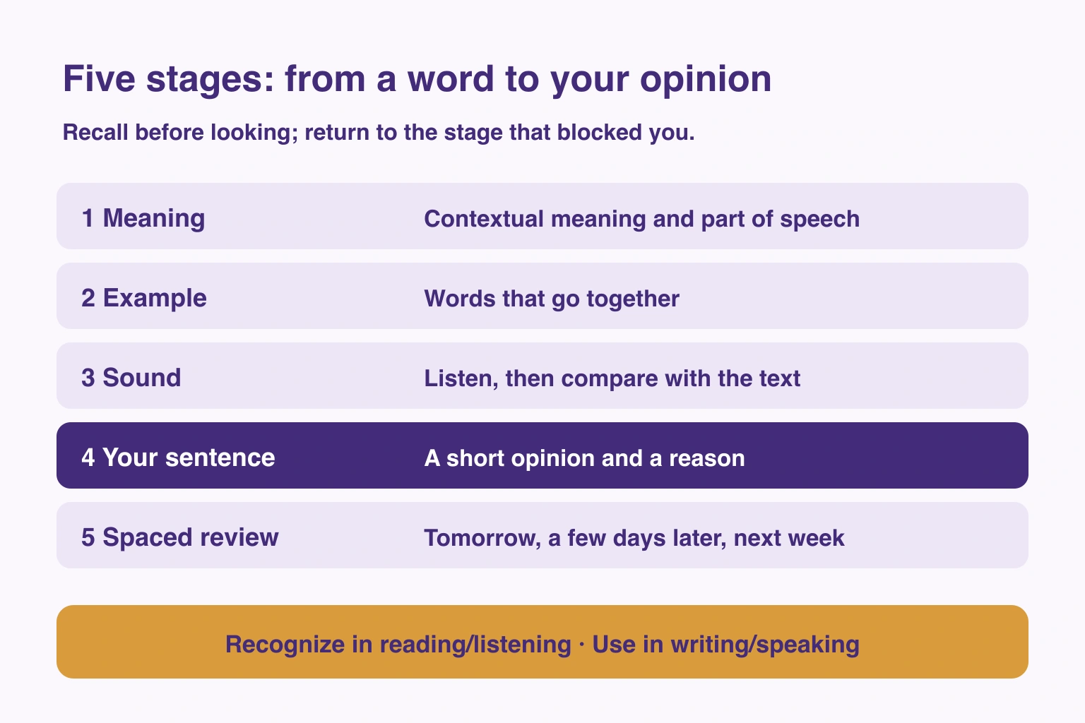 Editorial five-stage practice: meaning, example, sound, your sentence and spaced review