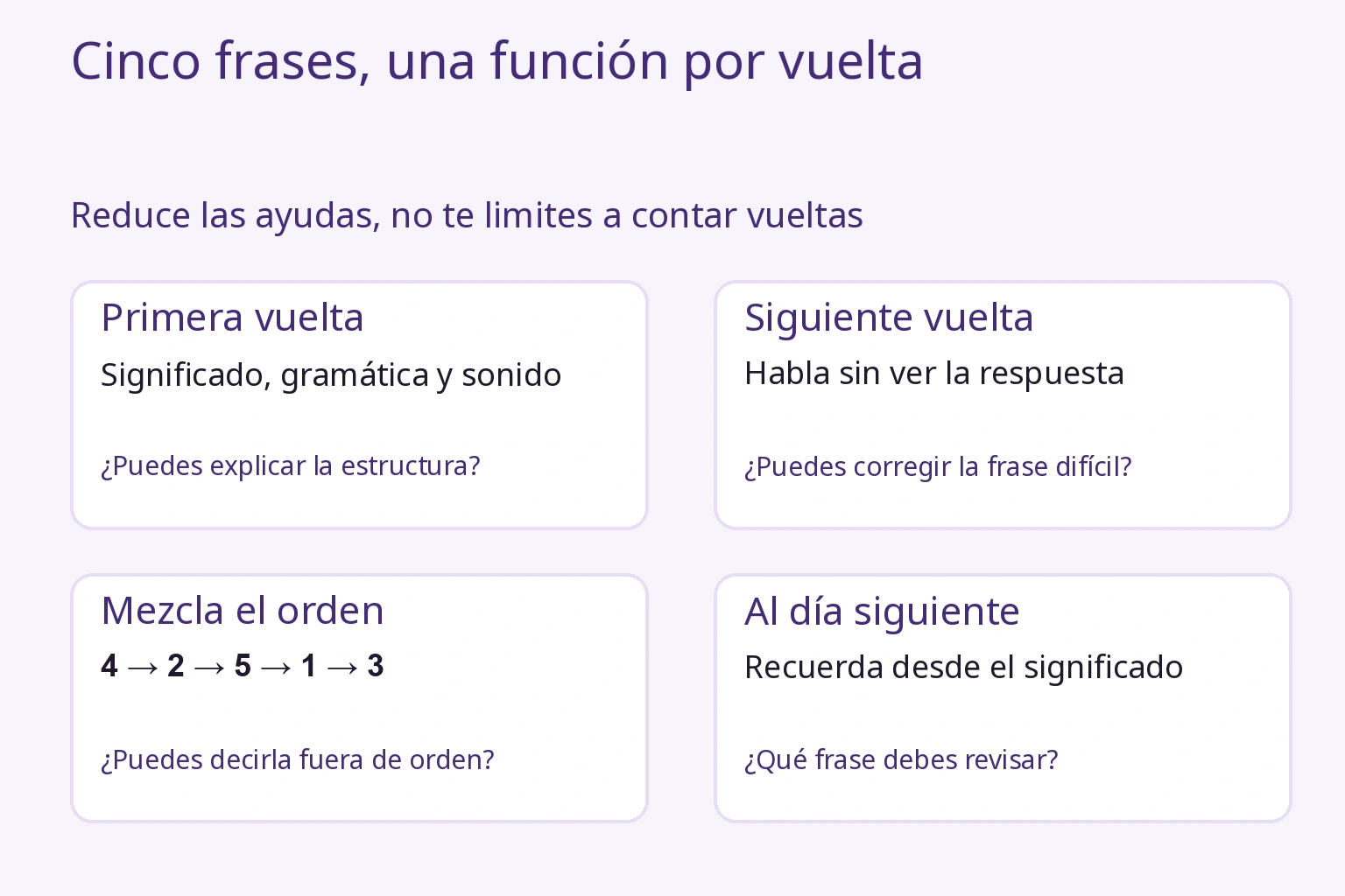 Cada vuelta tiene una función: entender, recordar, mezclar y comprobar mañana.