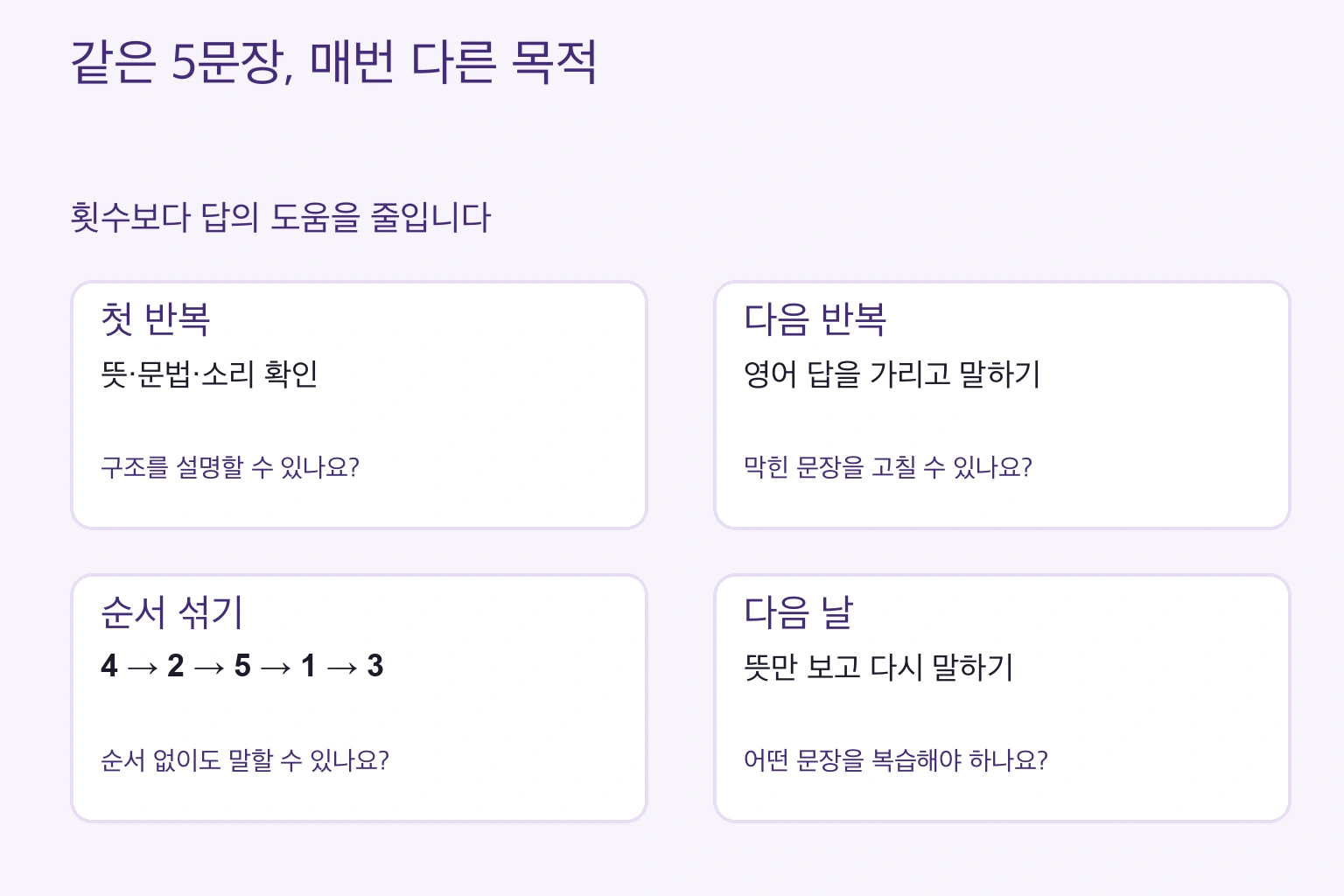이해하기, 답 가리기, 순서 섞기, 다음 날 확인하기로 반복의 목적을 바꿉니다.