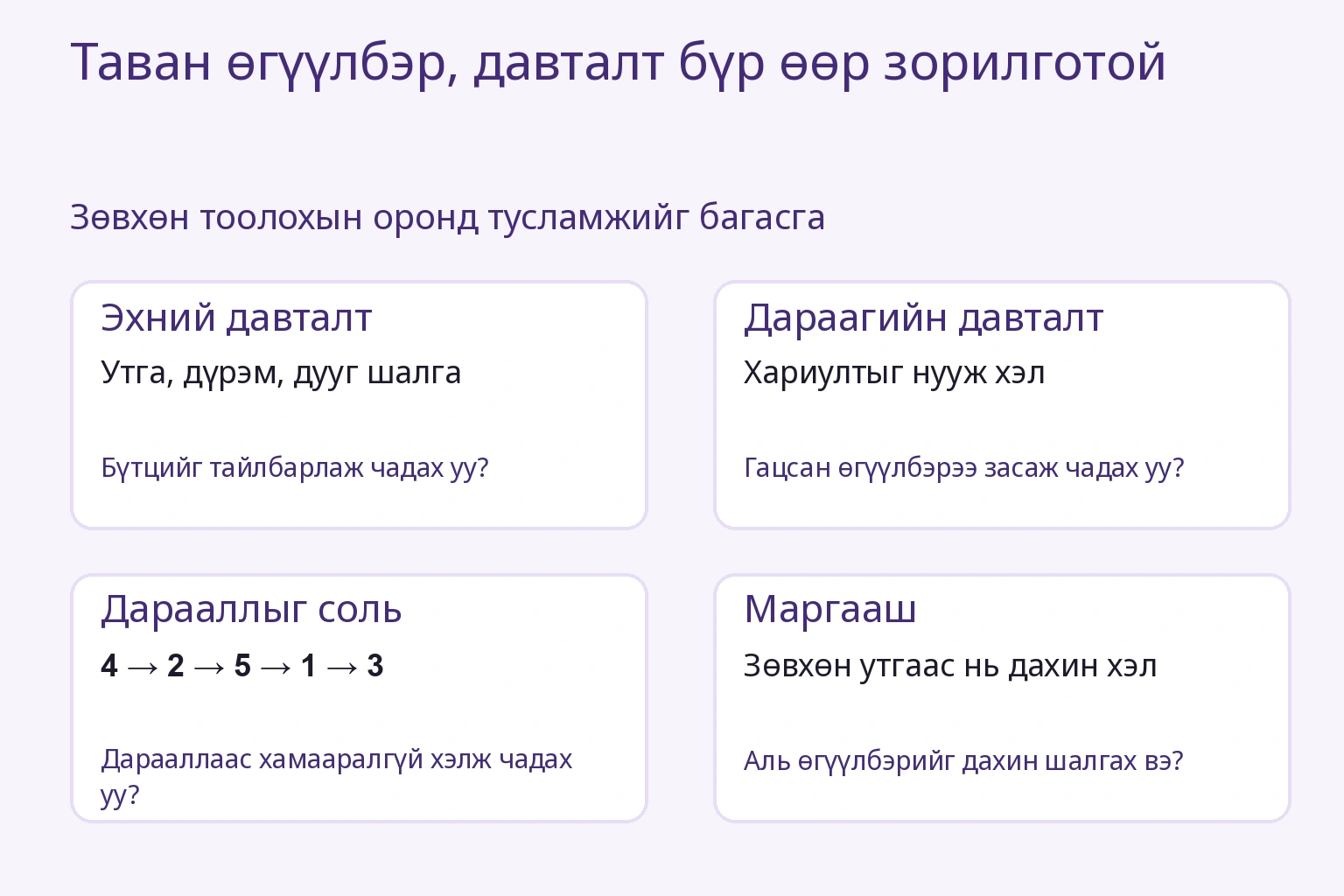 Давталт бүр өөр зорилготой: ойлгох, санах, дараалал солих, маргааш шалгах.