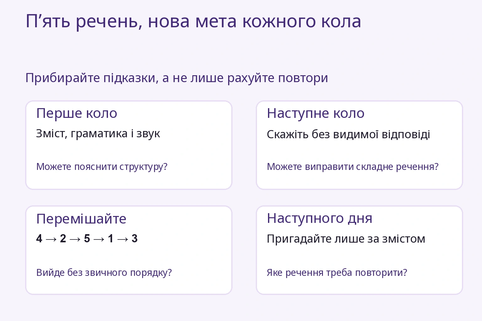 Кожне коло має мету: зрозуміти, пригадати, перемішати, перевірити завтра.