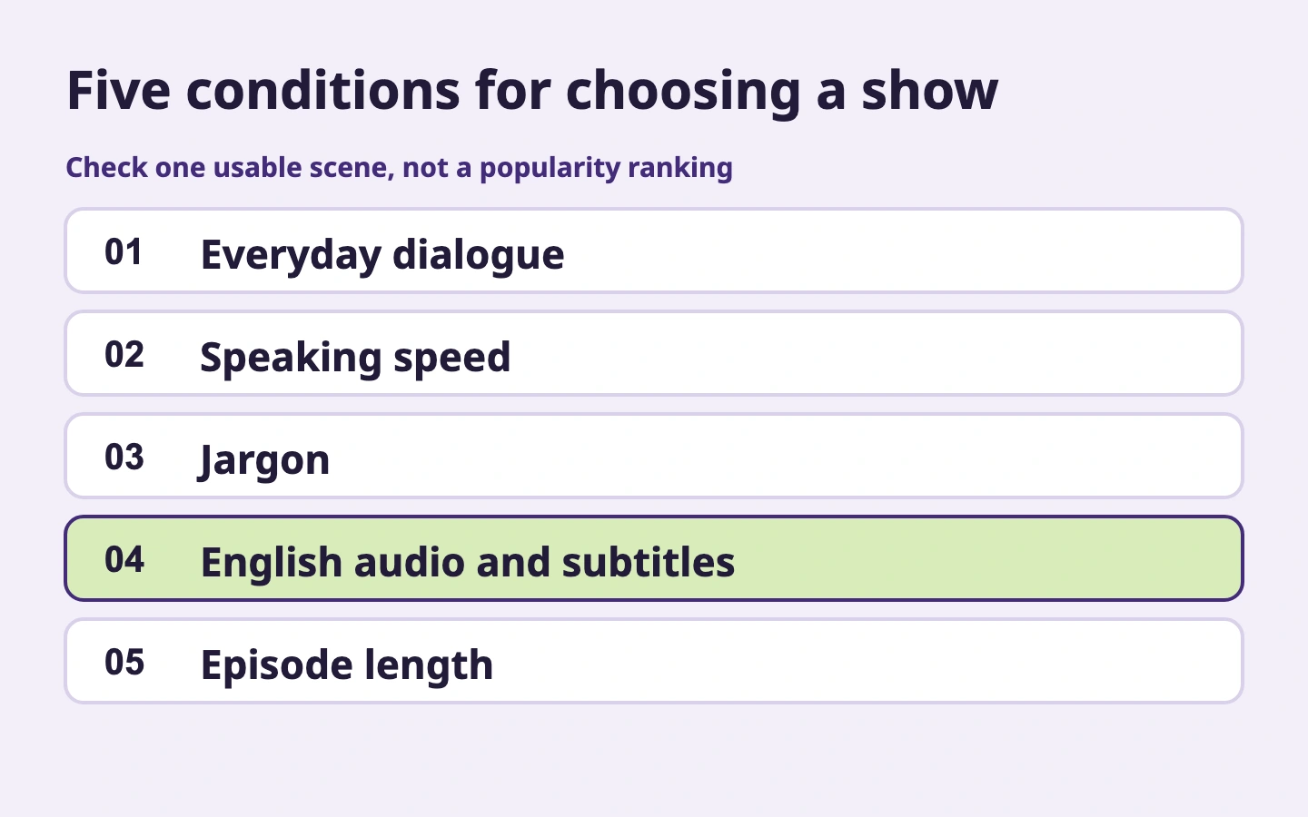 Five conditions for choosing a show
