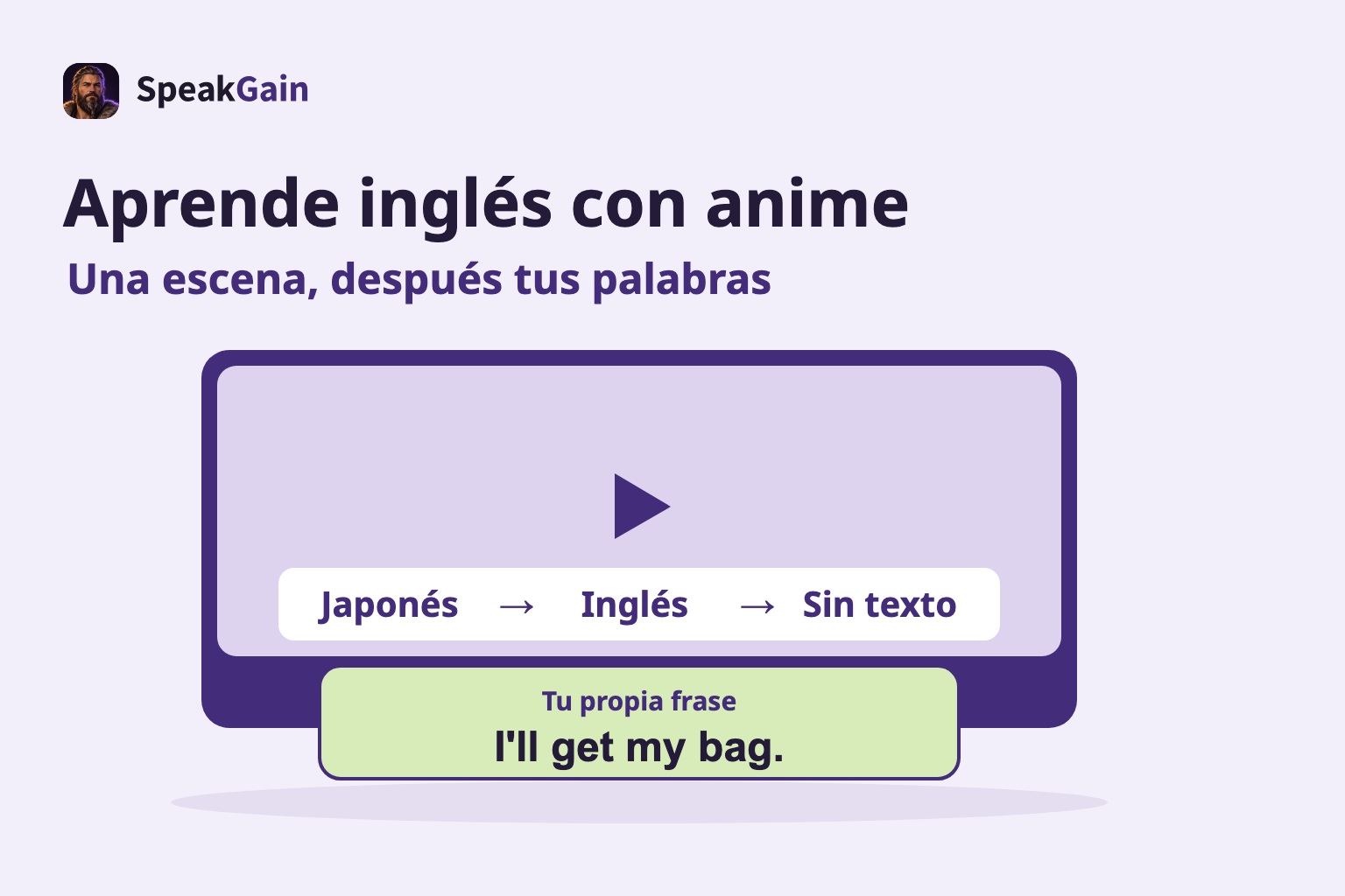 Reproductor genérico con pasos de subtítulos japoneses, ingleses y sin texto, y una frase inglesa propia