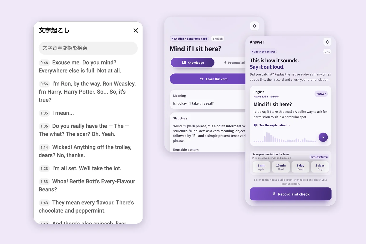 YouTube transcript panel beside a SpeakGain sentence card and answer screen