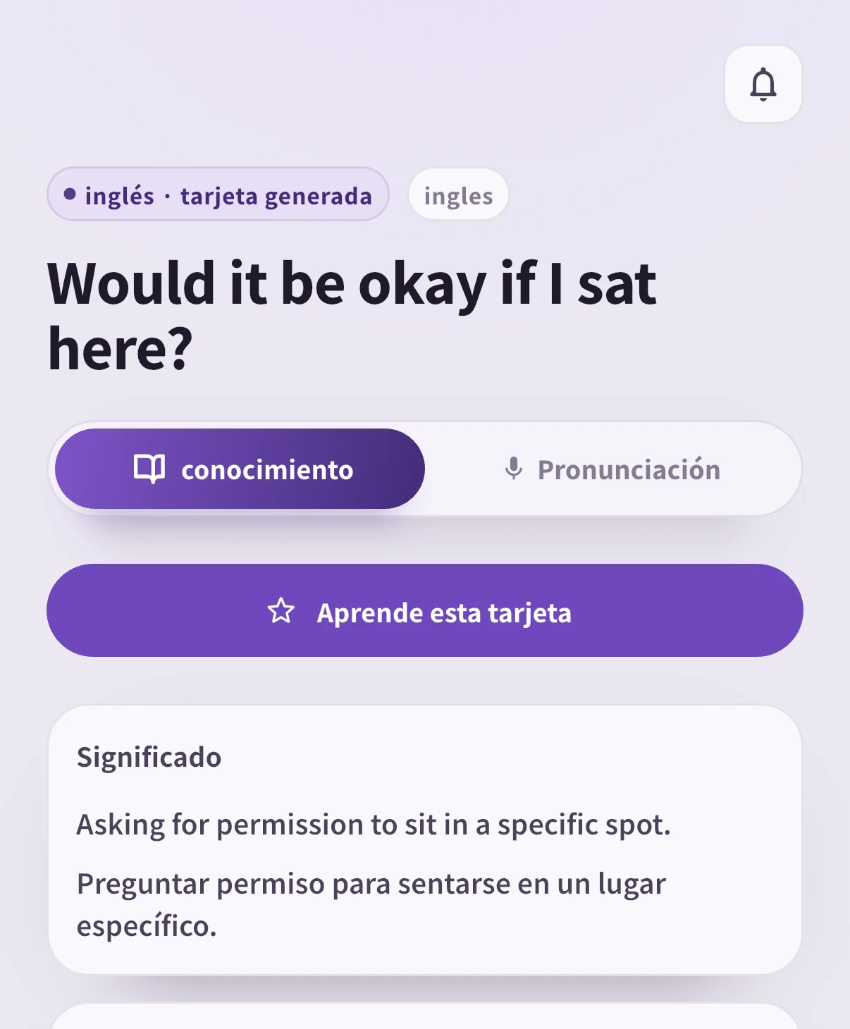 Tarjeta de SpeakGain con Would it be okay if I sat here?, su significado y el análisis de la estructura