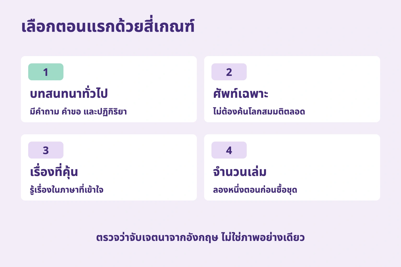 สี่เกณฑ์คือบทสนทนา ศัพท์เฉพาะ เรื่องที่คุ้น และขอบเขตหนึ่งตอน