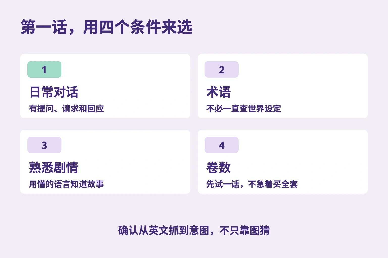 日常对话、术语、熟悉剧情和一话范围四项选择标准