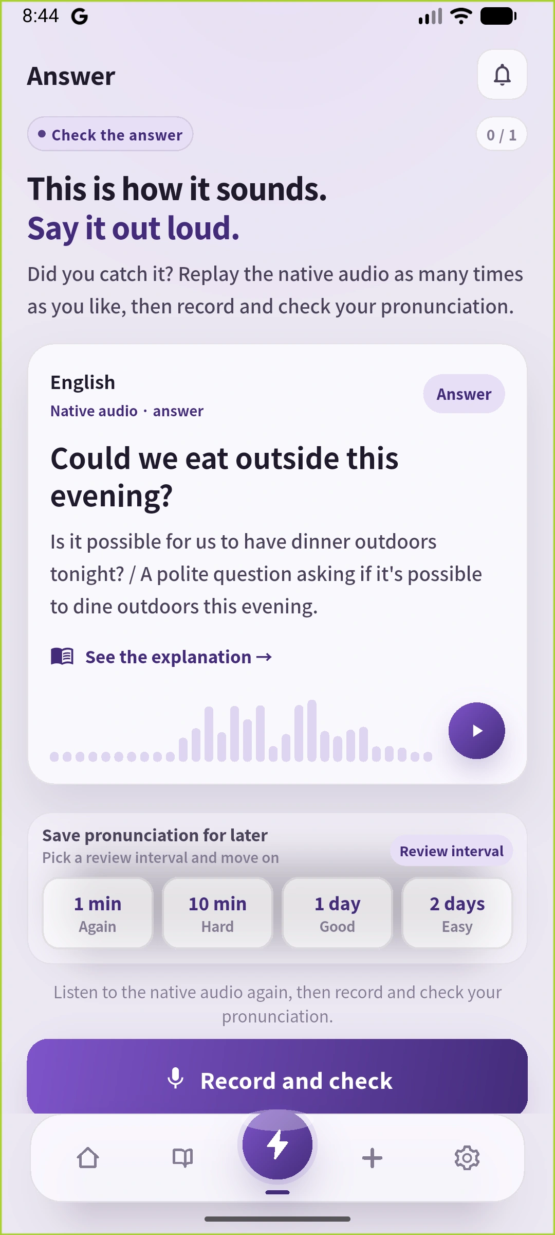SpeakGain-ийн англи Answer дэлгэц, Could we eat outside this evening?, англи тайлбар, дуу ба давтах хугацаатай