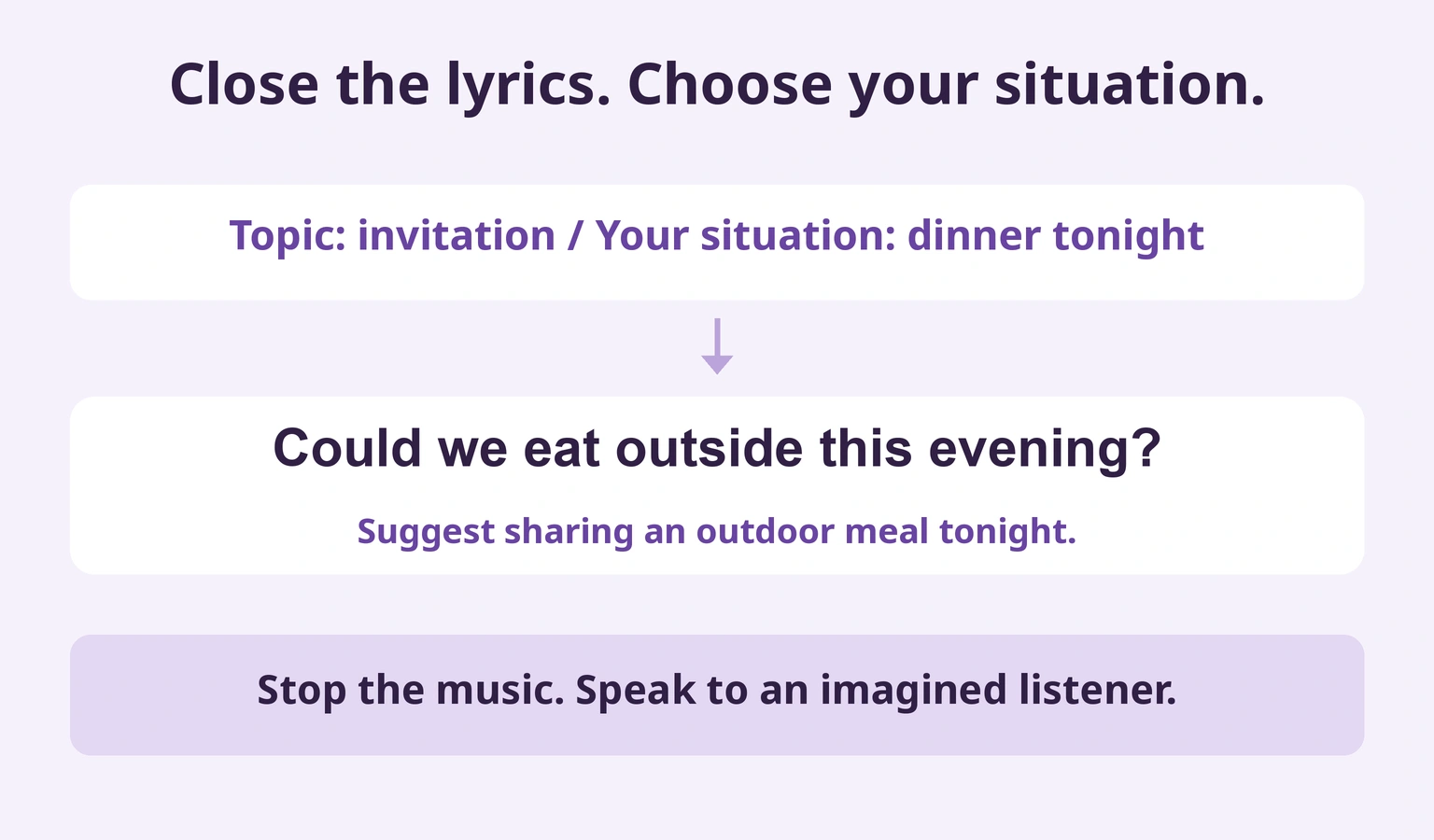 An original dinner suggestion written from your own situation, then spoken without music