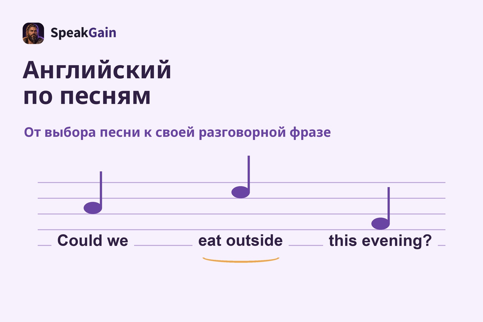 Ноты на пяти линиях и собственное предложение об ужине тремя группами слева направо