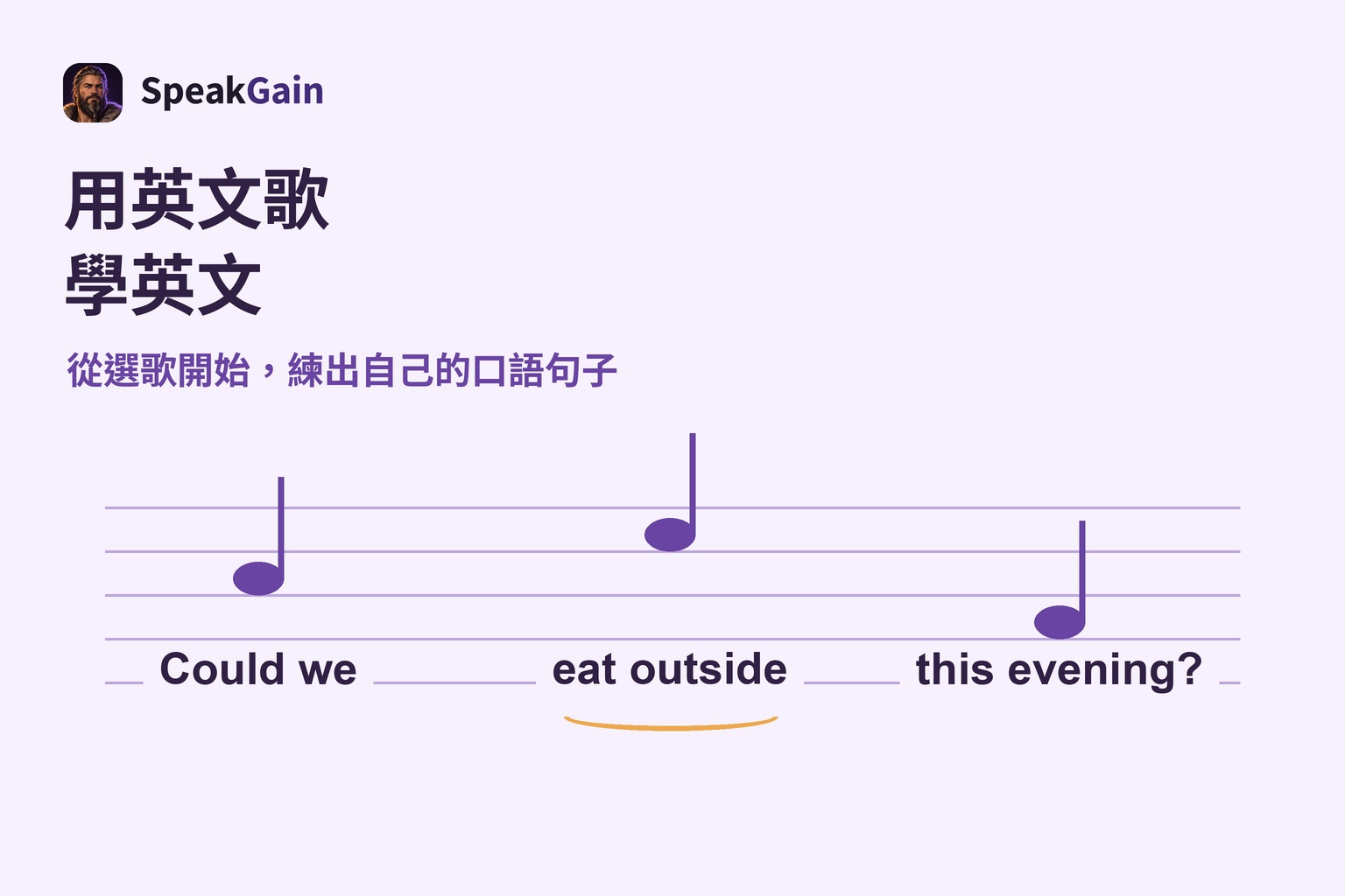 五線譜音符旁，以三組詞語由左到右排出自作的晚餐提議