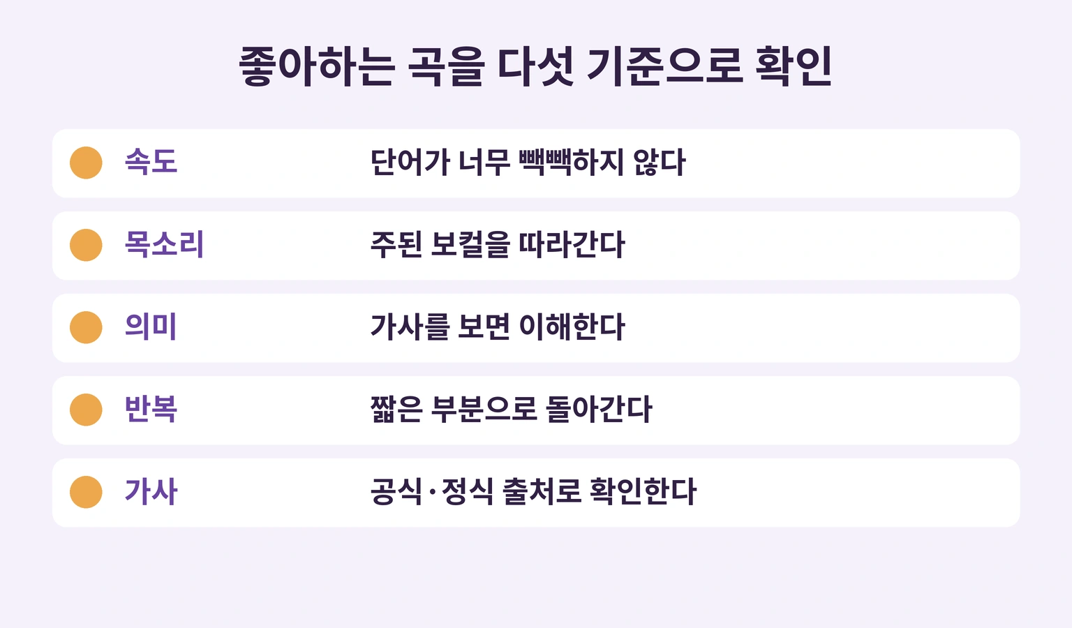 속도·목소리·의미·반복·정식 가사 출처로 곡을 고르는 다섯 기준