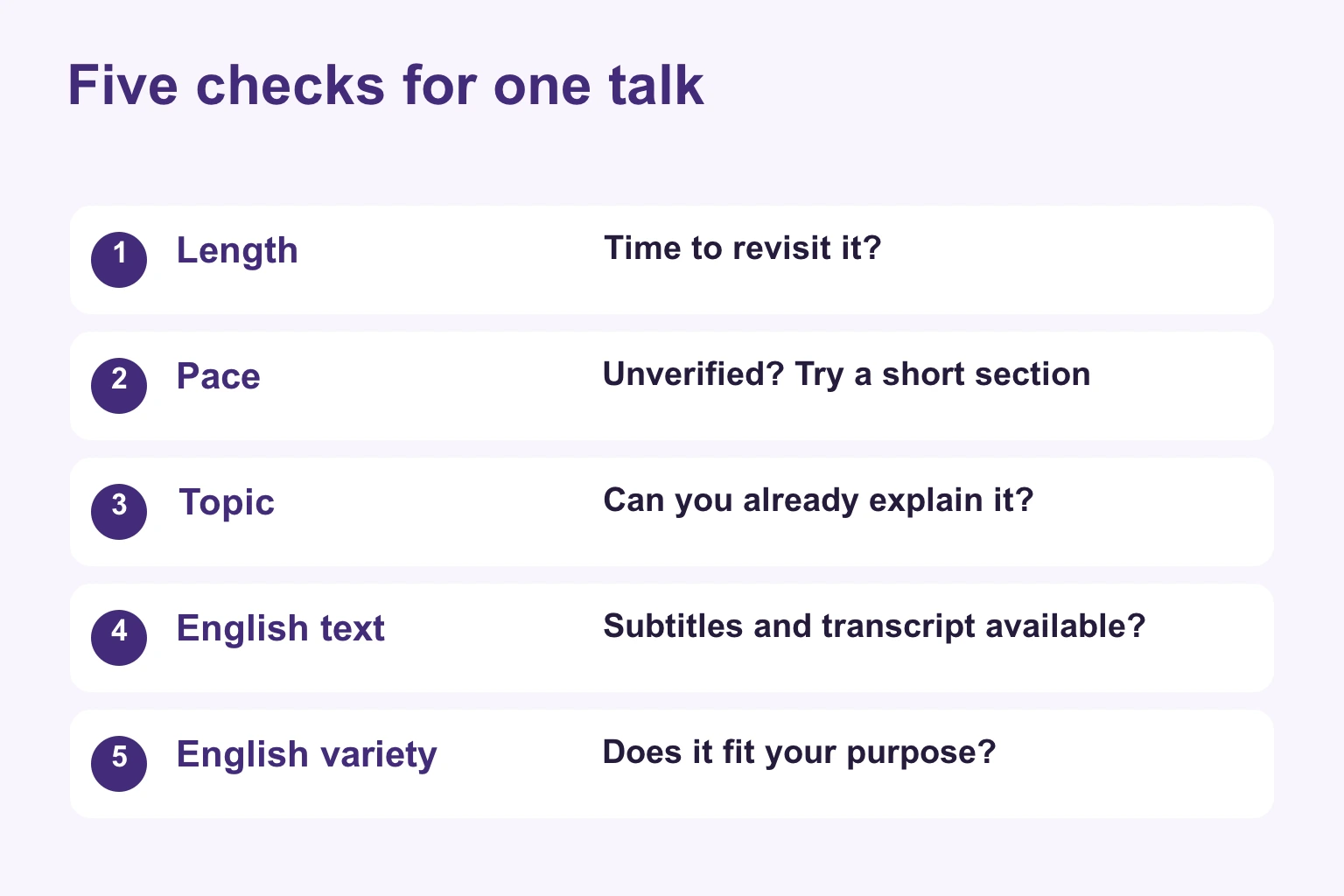 Five checks for a talk: length, pace, familiar subject, English text and variety of English