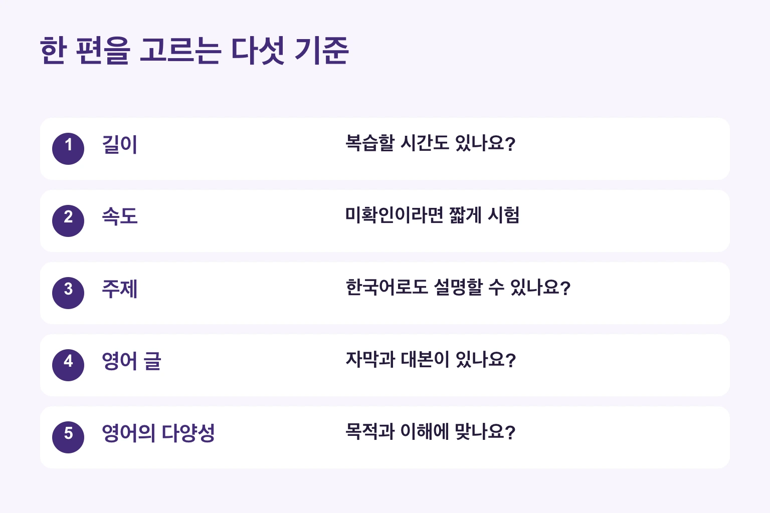 길이, 속도, 친숙한 주제, 영어 글, 영어의 다양성을 확인하는 다섯 기준