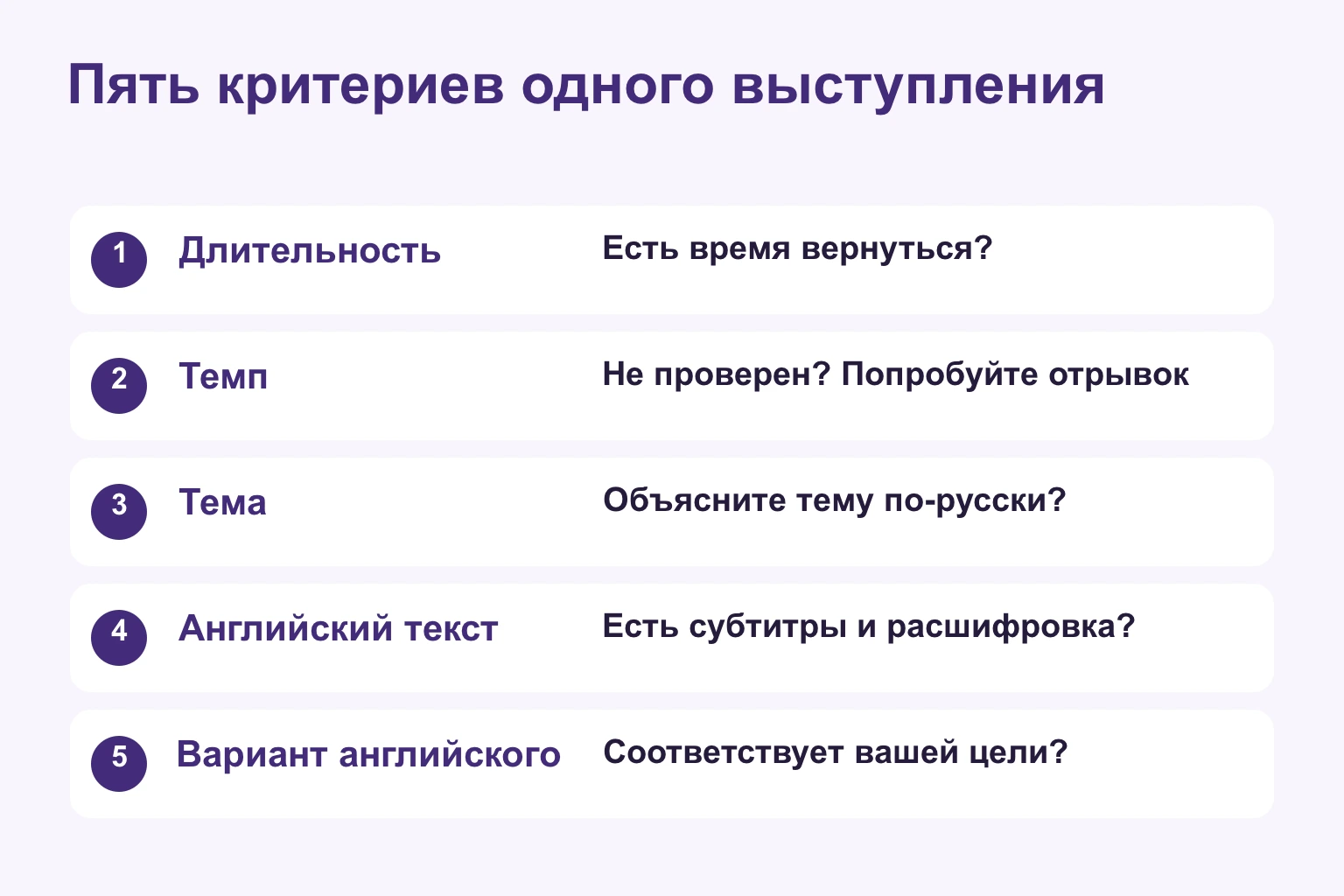 Пять критериев: длительность, темп, знакомая тема, английский текст и разновидность английского