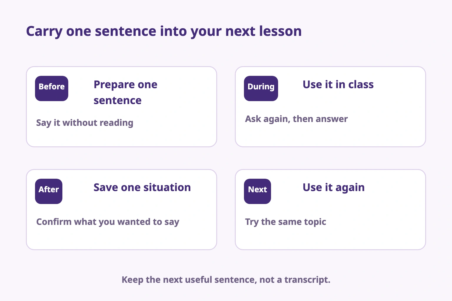 Prepare one sentence, use it in class, record the difficulty and try it again next time