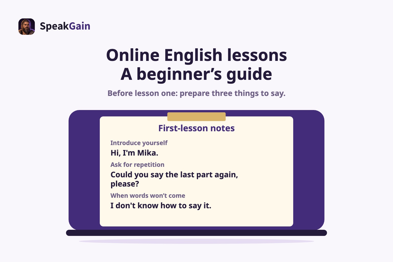 A preparation memo with three English lines on a closed laptop lid