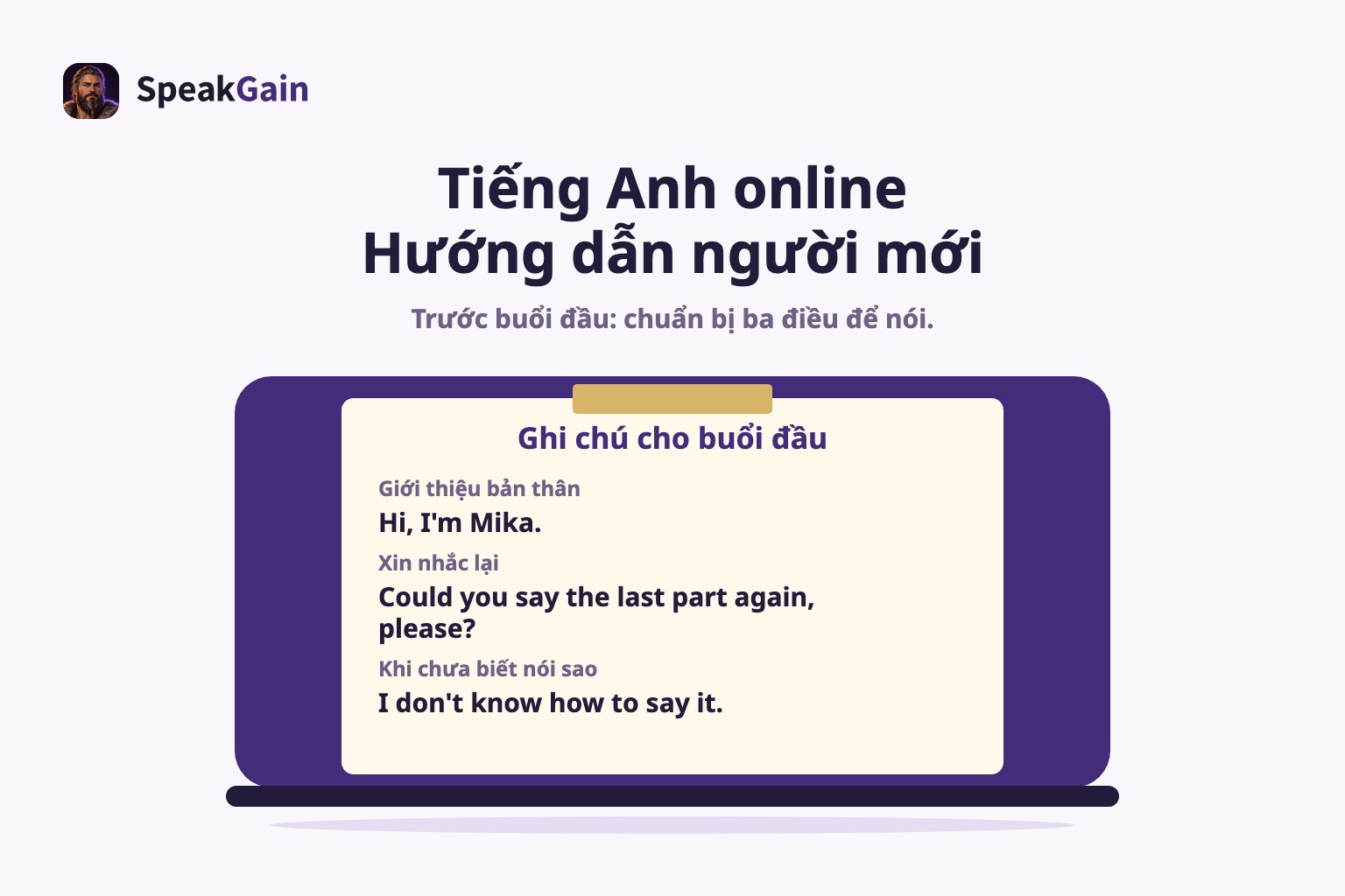 Tờ ghi chú chuẩn bị buổi đầu với ba câu tiếng Anh trên nắp laptop đóng