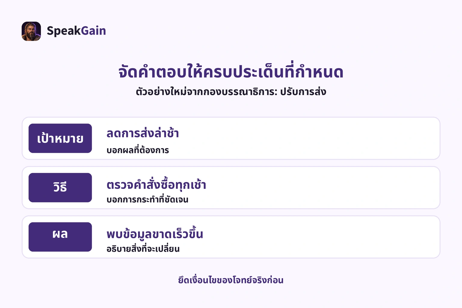 ตัวอย่างใหม่แบ่งข้อเสนอปรับการส่งเป็นเป้าหมาย วิธีและผล พร้อมคำอธิบายแต่ละส่วน