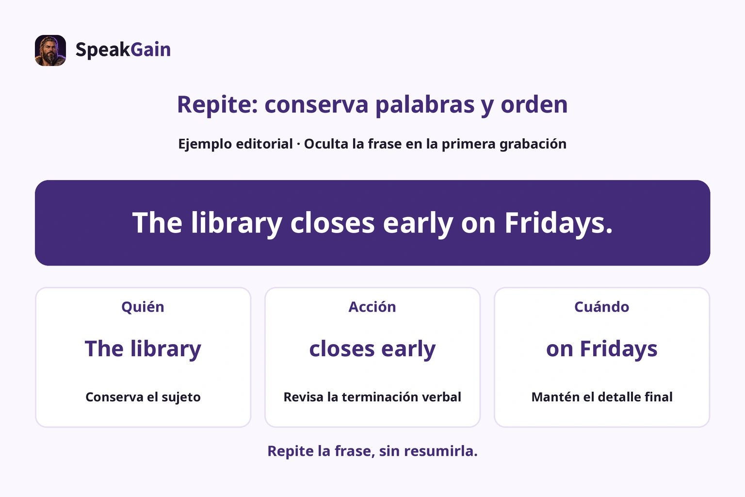 Comprobación de The library, closes early y on Fridays: sujeto, terminación verbal y detalle final.