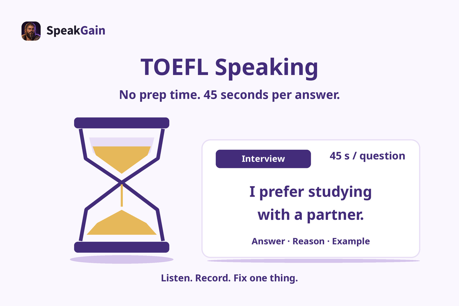 TOEFL Speaking: an hourglass beside an interview answer card showing 45 seconds per question.