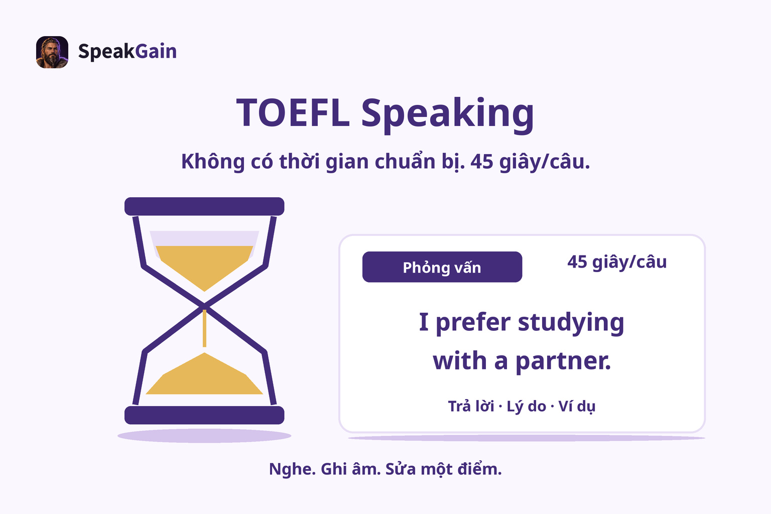 TOEFL Speaking: đồng hồ cát bên thẻ trả lời phỏng vấn ghi 45 giây cho mỗi câu hỏi.