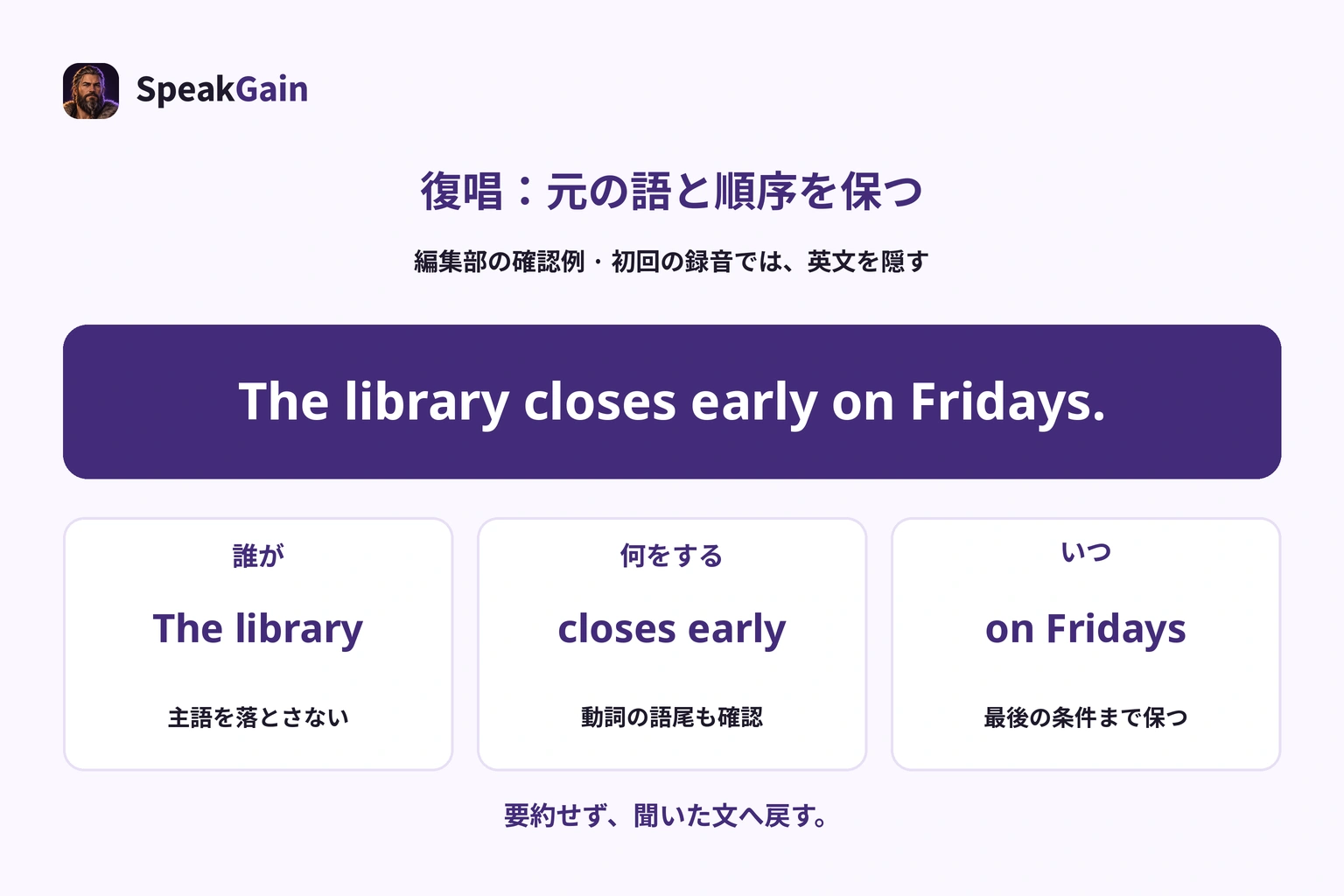 復唱の練習文を、主語・動作・条件に分けて確認。The library、closes early、on Fridaysの順と語尾を保つ
