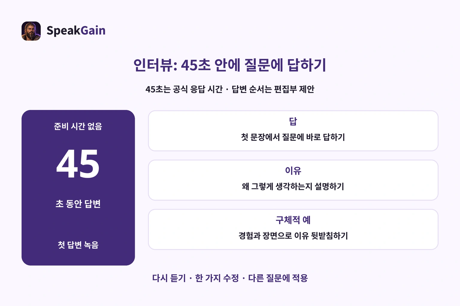 준비 없이 45초 첫 답변을 녹음하고 답·이유·구체적 예를 점검한 뒤 한 가지 수정.