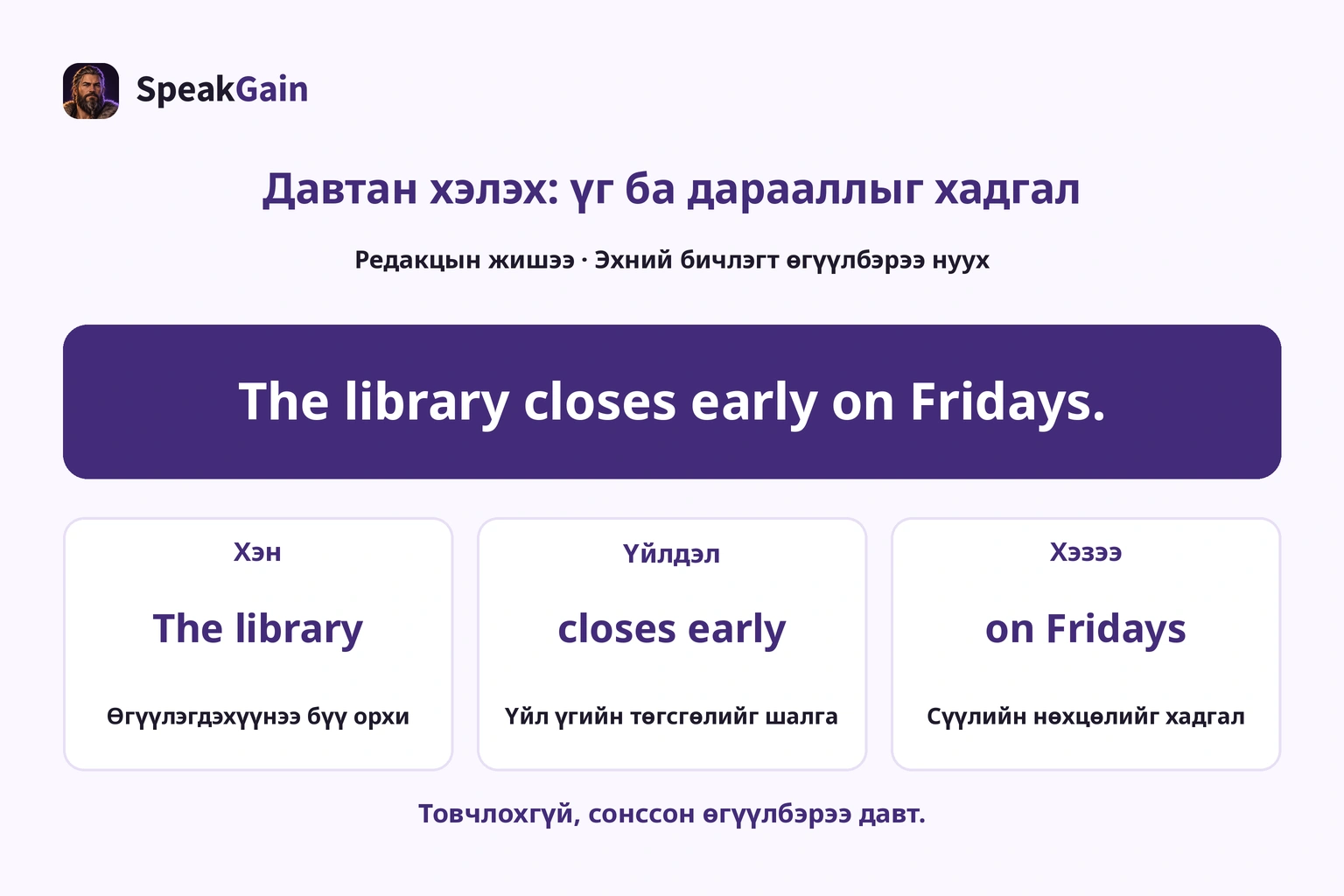 The library, closes early, on Fridays гэсэн бүлгээр өгүүлэгдэхүүн, үйл үгийн төгсгөл, сүүлийн нөхцөлийг шалгах.