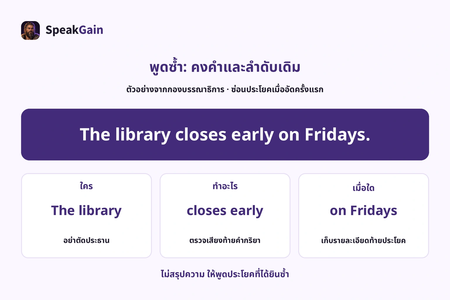 ตรวจ The library, closes early และ on Fridays เพื่อคงประธาน ท้ายคำกริยา และเงื่อนไขสุดท้าย