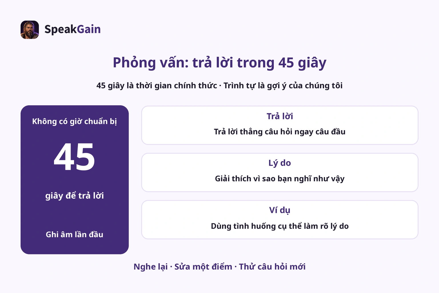 Lần ghi phỏng vấn 45 giây, kiểm tra câu trả lời, lý do và ví dụ rồi sửa một điểm.