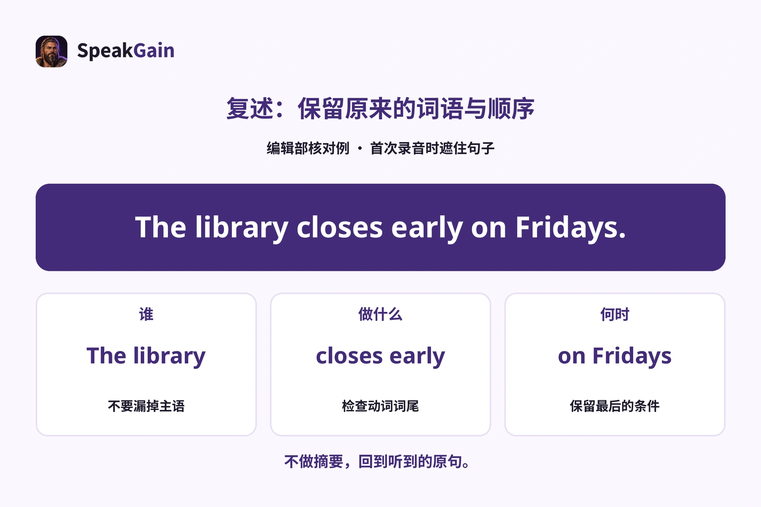 复述后按 The library、closes early、on Fridays 核对，保留主语、动词词尾和末尾条件。