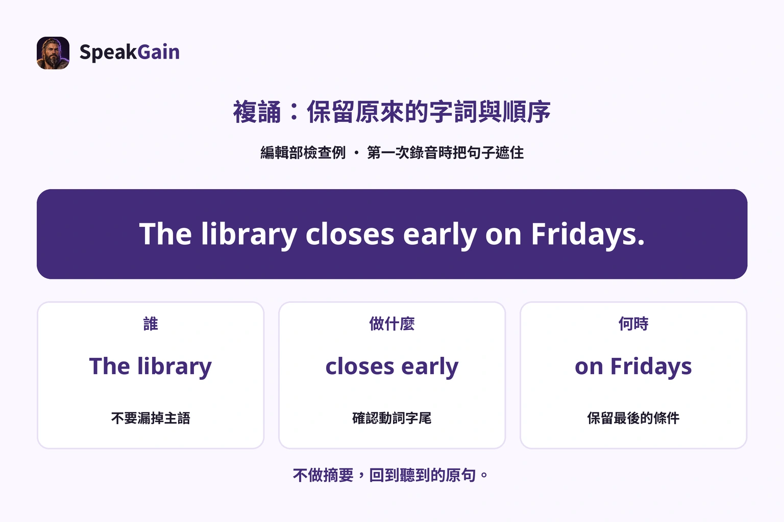 複誦後核對 The library、closes early、on Fridays，保留主語、動詞字尾與最後的時間條件。