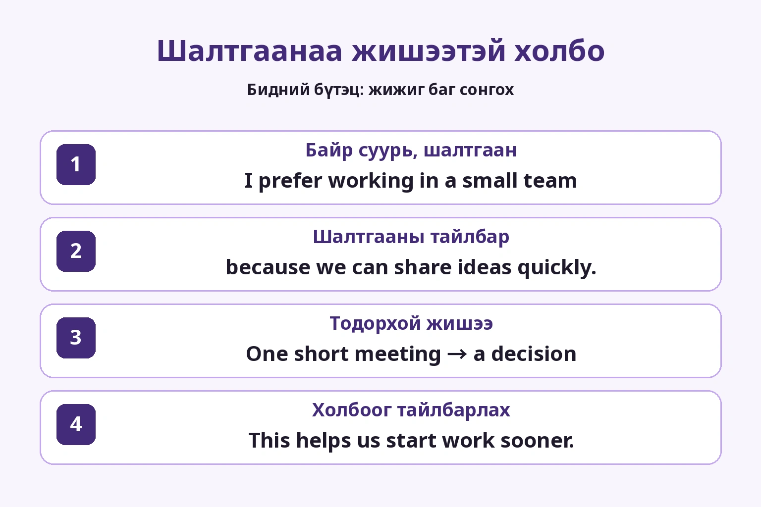 Жижиг багийн сонголт, хурдан солилцоо, богино уулзалтын жишээ