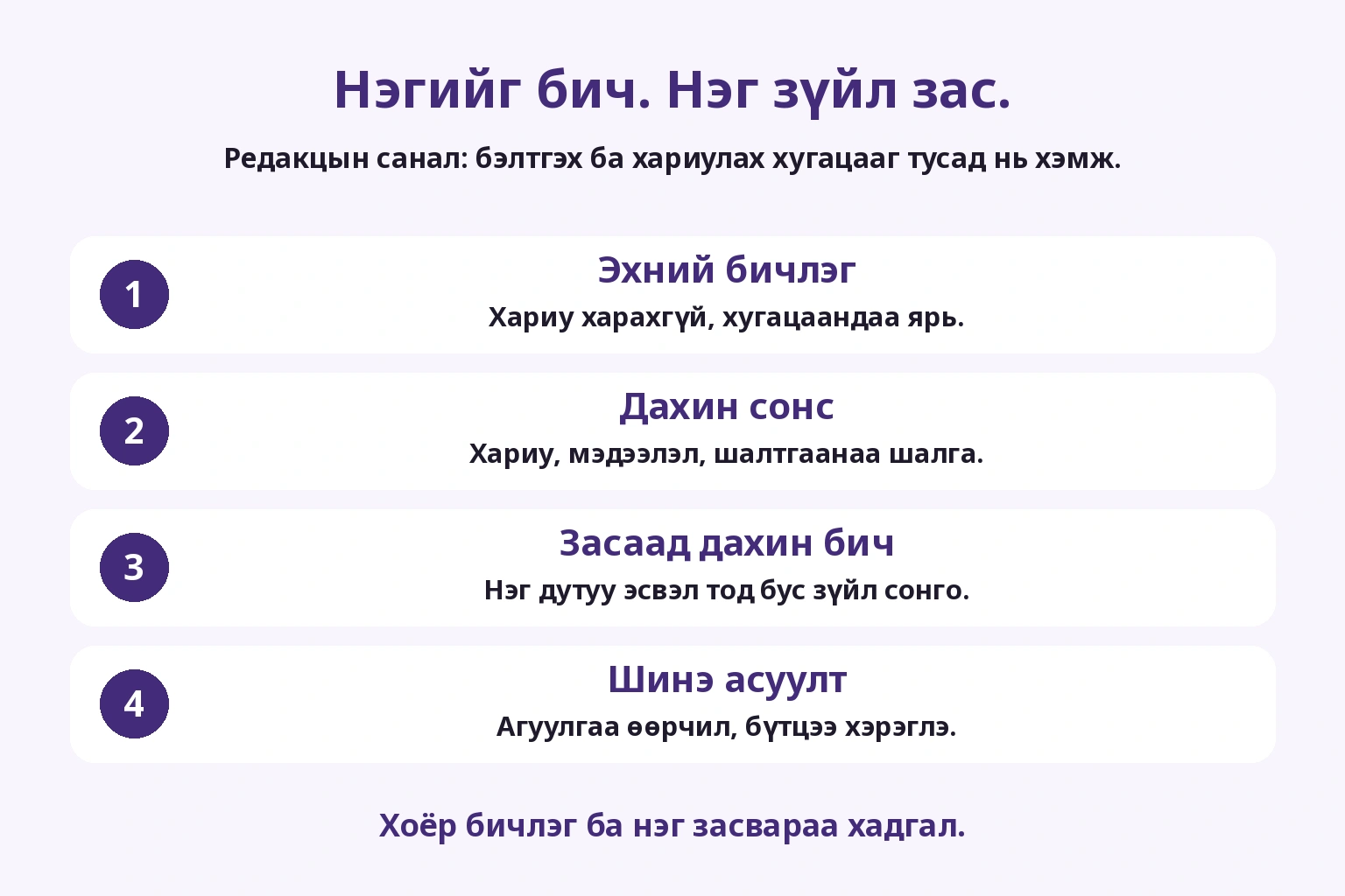 Цаг хэмжиж бичих, сонсох, нэг зүйл засах, өөр асуултаар турших