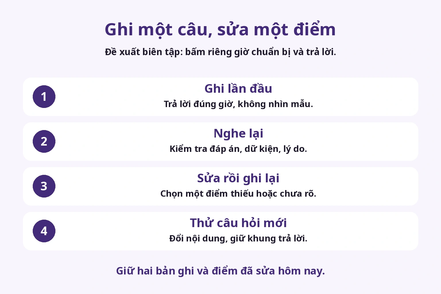 Ghi âm có bấm giờ, nghe lại, sửa một điểm và đổi câu hỏi