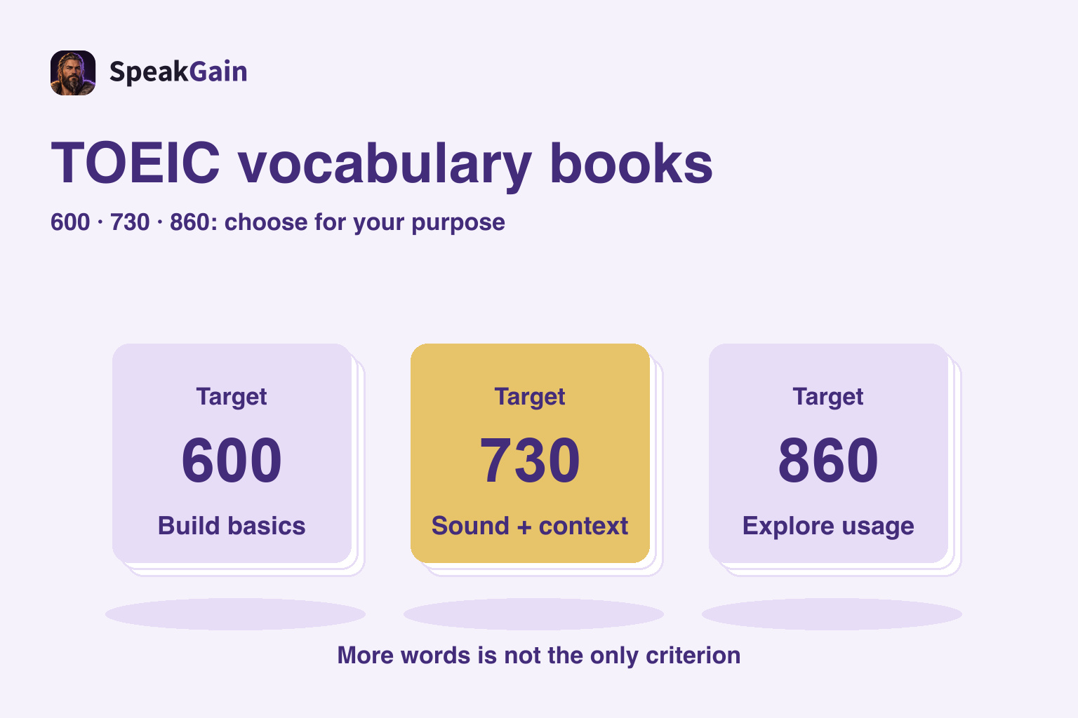 Three vocabulary stacks for 600, 730 and 860, with the 730 stack highlighted