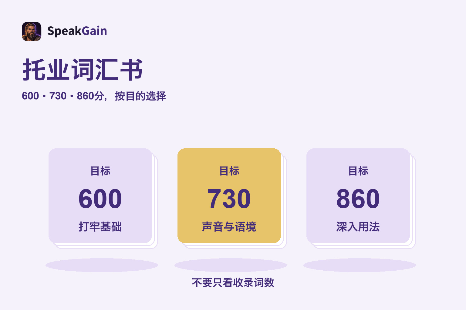 从左到右排列600、730、860目标卡片，突出730的托业词汇书示意图